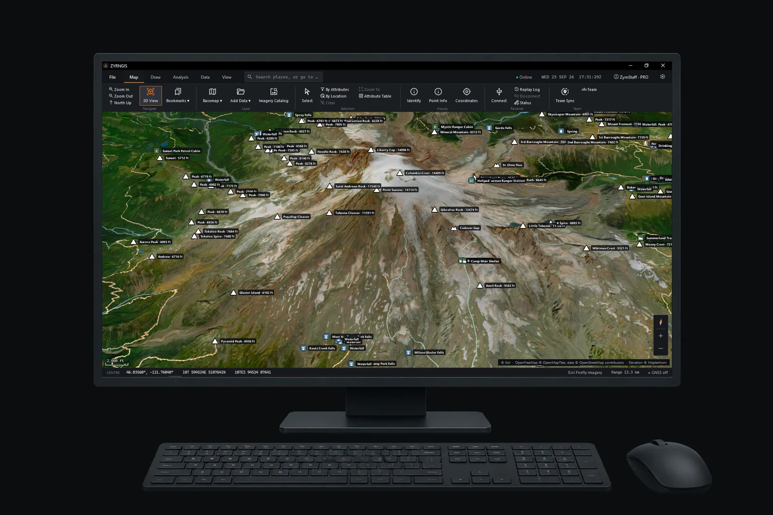 ZYRN Workstation on a desktop monitor showing 3D terrain under the ribbon.