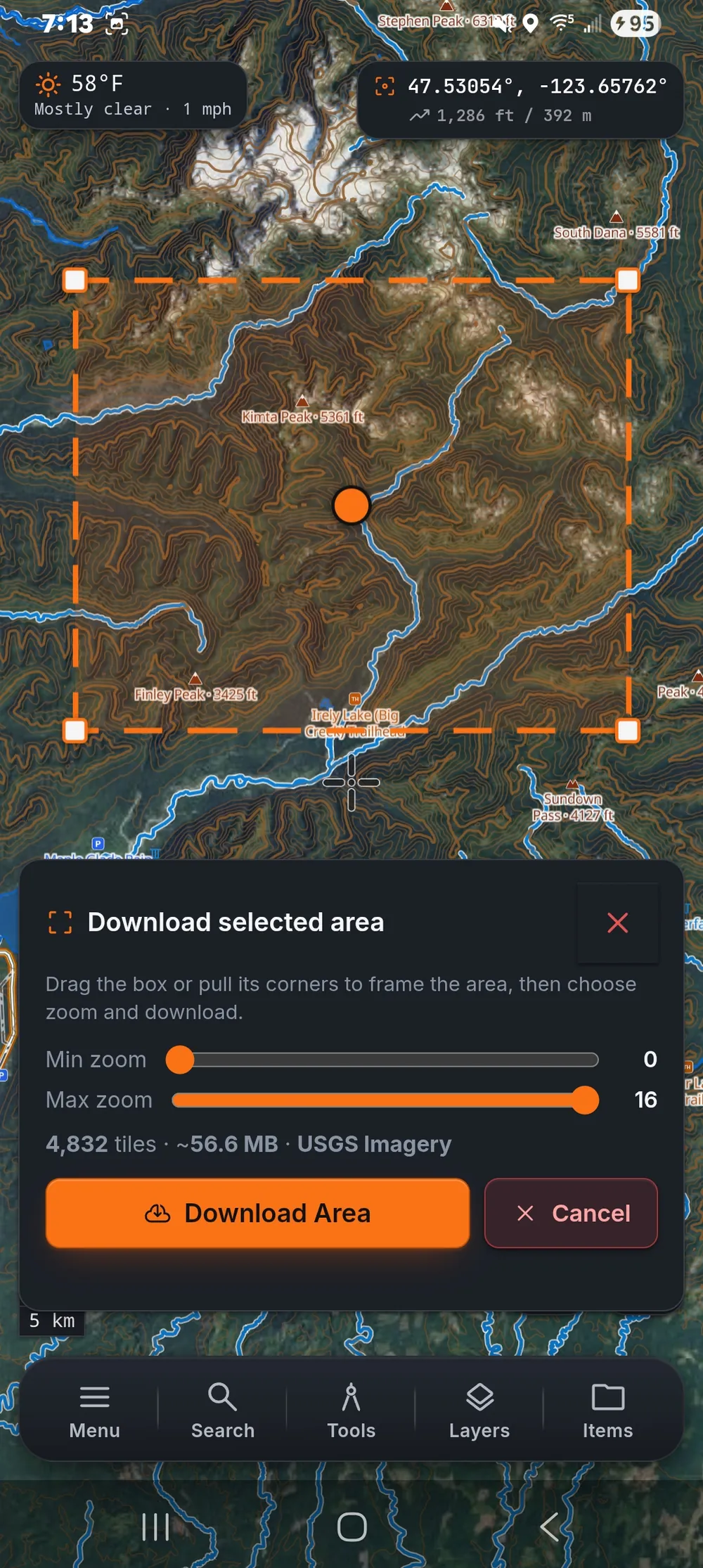 ZYRNTOPO on Android: an area framed for offline download, with zoom sliders and a tile count and size estimate.