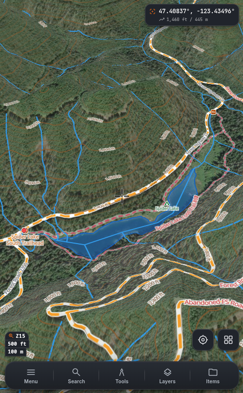 ZYRN TOPO running on a phone — a shaded topographic map of Mt Rainier with labeled contour lines, live weather, and coordinate readout